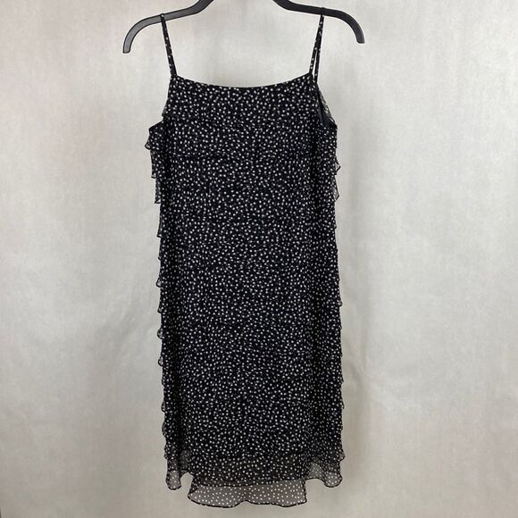 Talbots Pure Silk Layer Ruffle Dress 4 Petite 4P Black Dots Spaghetti Straps - Picture 1 of 12